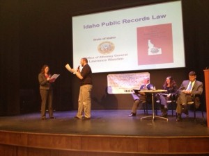 The IDOG open government seminar in Twin Falls on Tuesday evening included interactive skits like this one, in which members of the audience portrayed reporters, citizens, or local government officials correctly - or incorrectly - following the Open Meeting Law or Public Records Law.